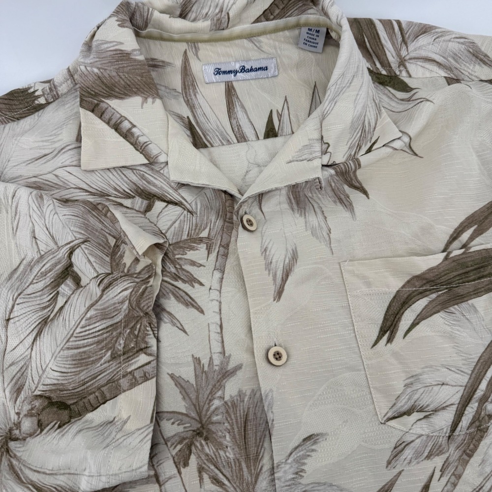 Tommy Bahama Mens M Silk Tropical Hibiscus Palm Print Camp Shirt Tan Brown